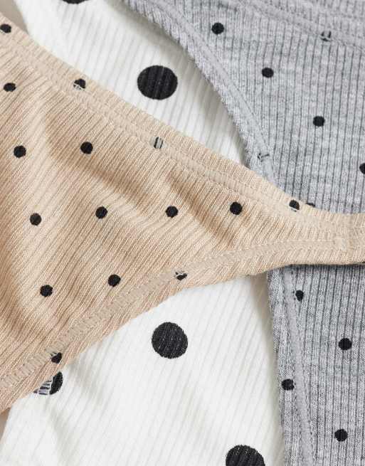 ASOS DESIGN - Set van 3 geribbelde tanga-strings in crème, grijs en mokka met stippen, 2 van 3