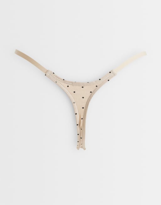 ASOS DESIGN - Set van 3 geribbelde tanga-strings in crème, grijs en mokka met stippen, 3 van 3