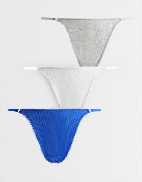 ASOS DESIGN - Set van 3 geribbelde tanga-strings met picotrandje in crème, gemêleerd grijs en blauw - view 1