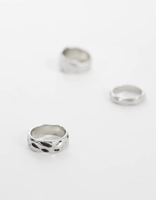 ASOS DESIGN - Set van 3 gesmolten platte ringen in zilver, 2 van 3