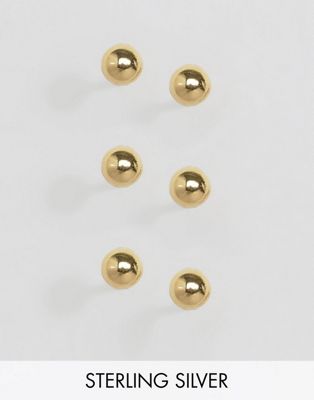 ASOS DESIGN - Set van 3 gouden vergulde oorknopjes van echt zilver