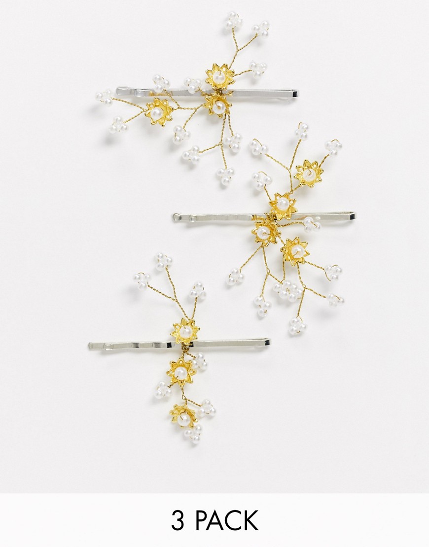 ASOS DESIGN - Set van 3 haarspeldjes met bloem en parel in zilver