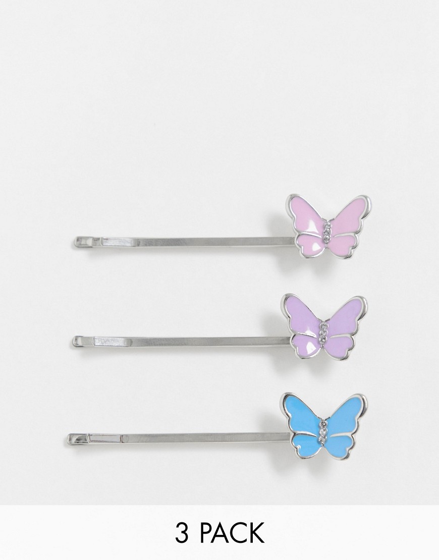 ASOS DESIGN - Set van 3 haarspeldjes met kleurrijke vlinders in zilverkleur