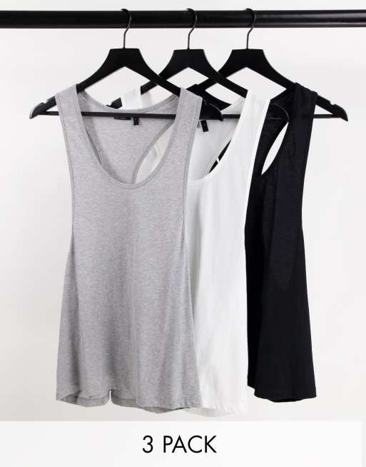 ASOS DESIGN - Set van 3 hemden met extreme racer-achterkant in wit, zwart en gemêleerd grijs