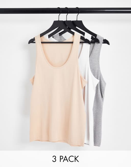 ASOS DESIGN - Set van 3 hemden met lage, ronde hals in wit, beige en gemêleerd grijs