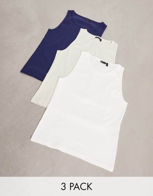 ASOS DESIGN - Set van 3 hemden met muscle fit en ronde hals in wit, beige en donkerblauw