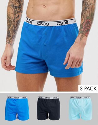 ASOS DESIGN - Set van 3 jersey boxers in blauw met tailleband met logo, bespaar