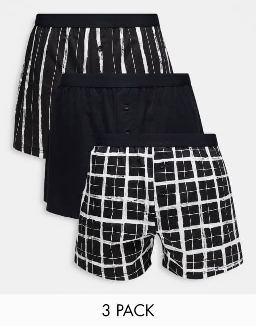 ASOS DESIGN - Set van 3 jersey boxershorts in zwart, met ruitjes en met strepen
