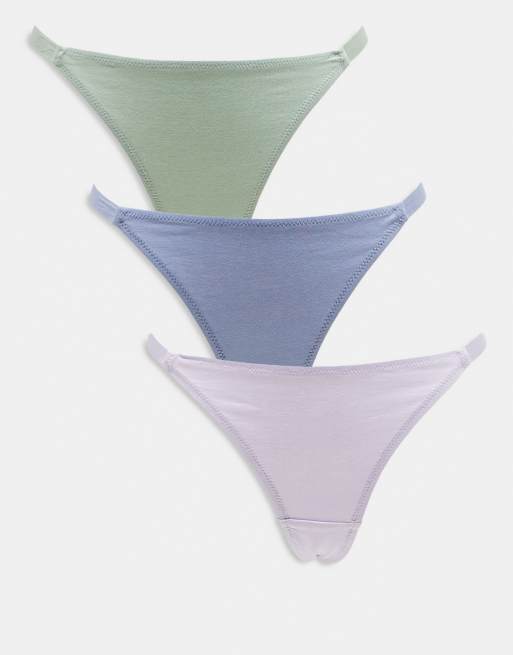 ASOS DESIGN - Set van 3 katoenen tanga strings in blauw, saliegroen en lila