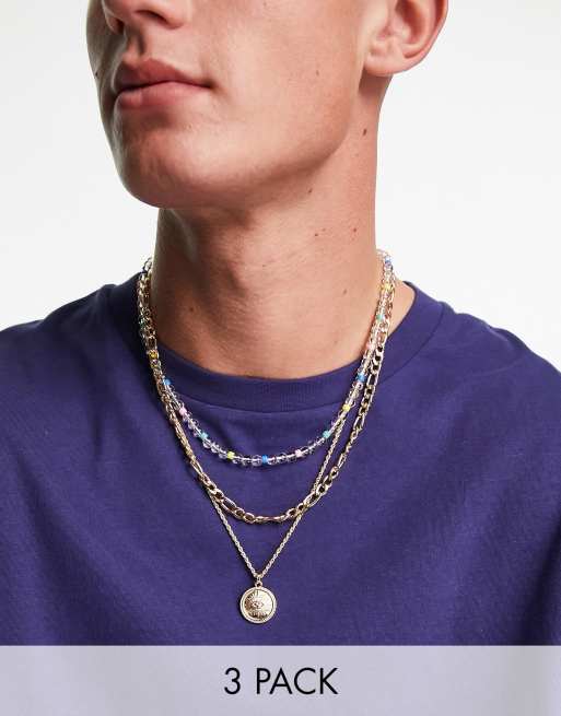 ASOS DESIGN - Set van 3 kettingen met kralen in verschillende kleuren en oog-hangertje in goudkleur 