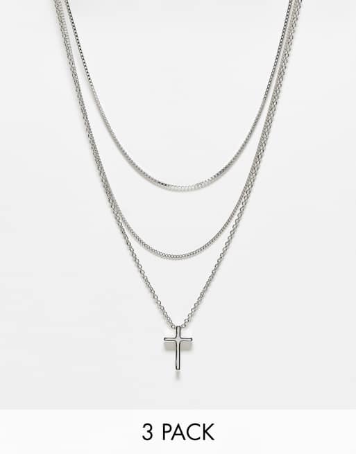 ASOS DESIGN - Set van 3 kettingen met kruishangertje in zilverkleur