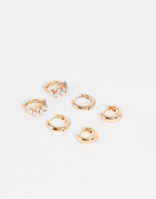 ASOS DESIGN - Set van 3 kleine oorringen met kristallen baguette-ontwerp in goudkleur