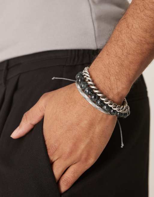 ASOS DESIGN - Set van 3 kralen- en schakelarmbanden in blauw en grijs