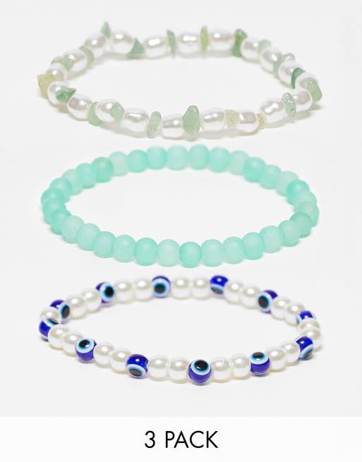 ASOS DESIGN - Set van 3 kralenarmbanden met imitatieparels en boze oog-kralen in blauw en groen 
