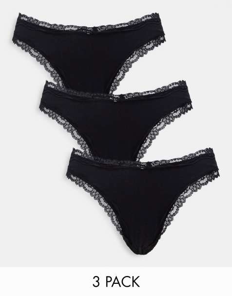 ASOS DESIGN - Set van 3 Malibu-strings met hoge taille en kanten afwerking in zwart - view 1