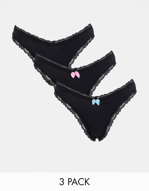 ASOS DESIGN - Set van 3 Malibu-strings van katoen en kant met hoge taille en strikje in zwart
