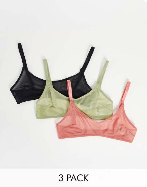 ASOS DESIGN - Set van 3 mesh bh's met lage ronde hals in zwart, saliegroen en roze