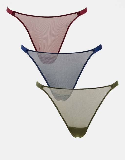 ASOS DESIGN - Set van 3 mesh strings in bosgroen, marineblauw en bordeauxrood