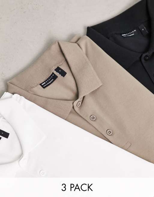 ASOS DESIGN - Set van 3 muscle fit polo's in wit, beige en zwart