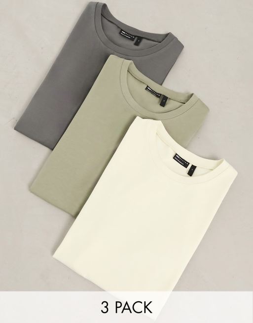 ASOS DESIGN - Set van 3 muscle fit T-shirts in ecru, kaki en grijs