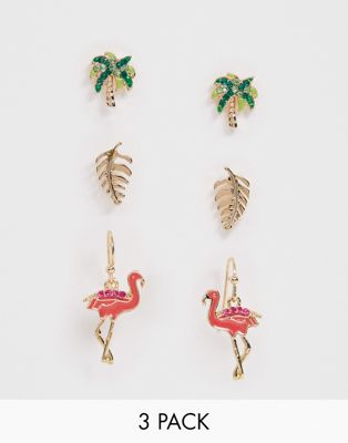ASOS DESIGN - Set van 3 oorbellen in tropische palmbomen- en flamingo-ontwerp in goud