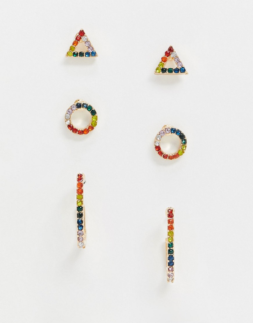 ASOS DESIGN - Set van 3 oorbellen met regenboogkleurige siersteentjes in goud