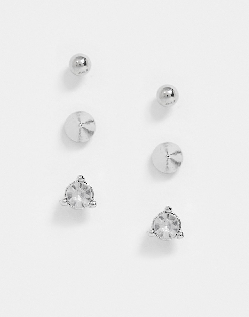 ASOS DESIGN - Set van 3 oorknopjes met kristal in zilver kleur
