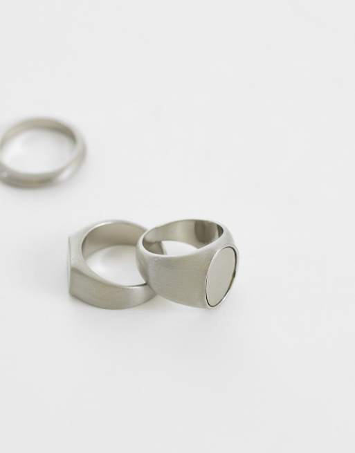 ASOS DESIGN - Set van 3 ovale zegelringen in geborsteld zilver, 2 van 3