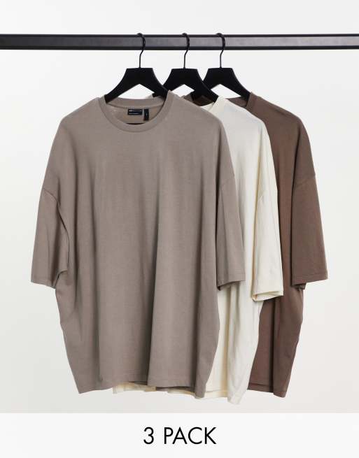 ASOS DESIGN - Set van 3 oversized t-shirts met ronde hals in bruin, ecru en beige