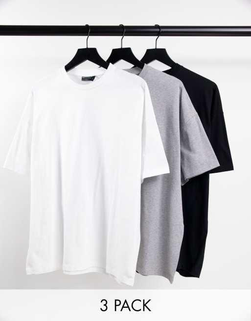 ASOS DESIGN - Set van 3 oversized t-shirts met ronde hals in wit, zwart en gemêleerd grijs