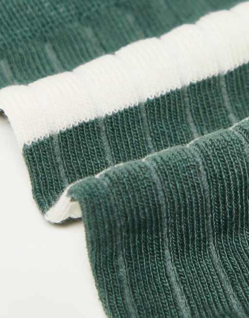 ASOS DESIGN - Set van 3 paar geribbelde enkelsokken met streep in groen en ecru, 4 van 4