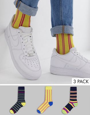 ASOS DESIGN - Set van 3 paar sokken met blauwe en gele strepen, bespaar-Multi
