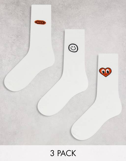ASOS DESIGN - Set van 3 paar sportsokken in gebroken wit met geborduurd detail