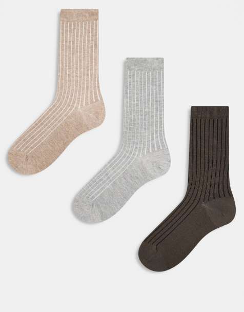 ASOS DESIGN - Set van 3 paar zachte geribbelde sokken in chocoladebruin, havermout en gemêleerd grijs - view 1