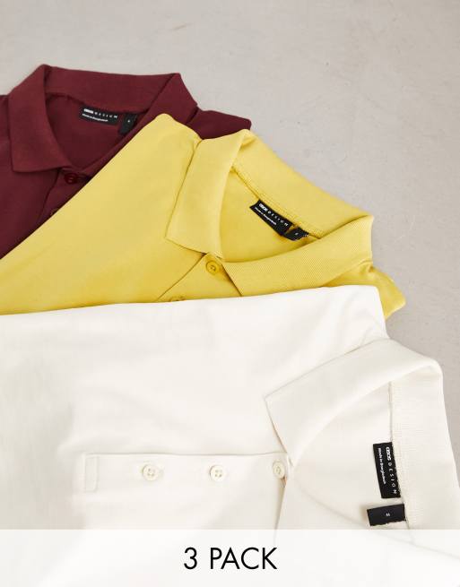 ASOS DESIGN - Set van 3 polo's met muscle fit in wit, mosterdgeel en bordeauxrood