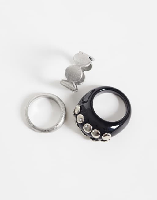 ASOS DESIGN set van 3 ringen in geborsteld zilver met statementring van zwarte hars met studs, 3 van 3