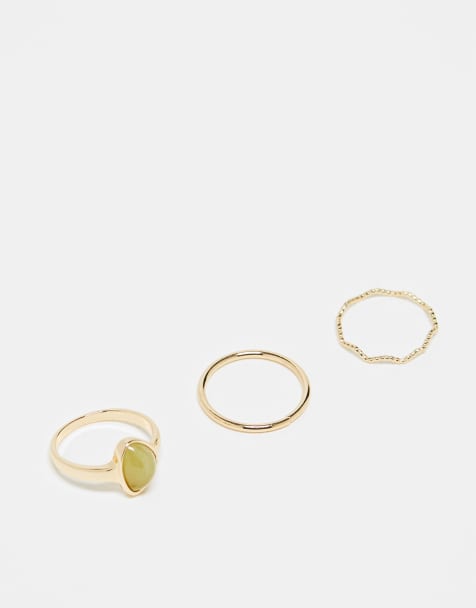 ASOS DESIGN - Set van 3 ringen met groene steen en speels ontwerp in goudkleur - view 1