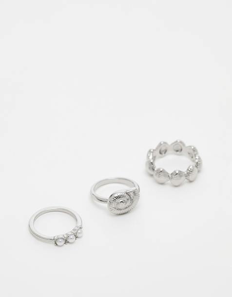 ASOS DESIGN - Set van 3 ringen met schelpen en imitatieparels in zilverkleur - view 1