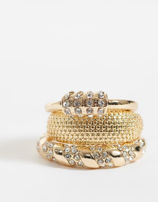 ASOS DESIGN set van 3 ringen met steendetail in goudkleur, 3 van 3