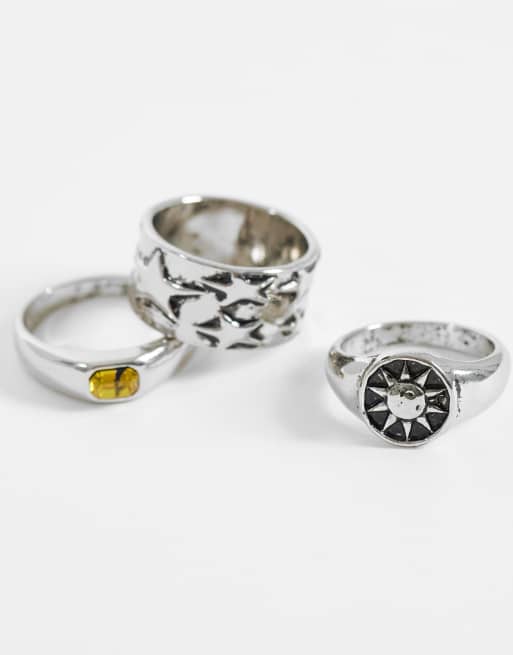 ASOS DESIGN - Set van 3 ringen met ster, zon en citrine steentje in zilver, 2 van 3