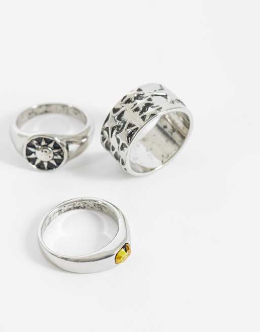 ASOS DESIGN - Set van 3 ringen met ster, zon en citrine steentje in zilver, 3 van 3
