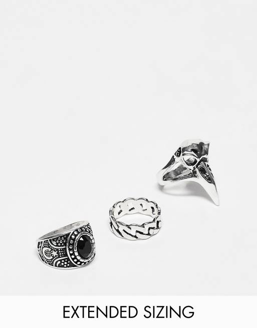 FhyzicsShops DESIGN - Set van 3 ringen met vogel, schedel en zwarte steen in gepolijste zilverkleur