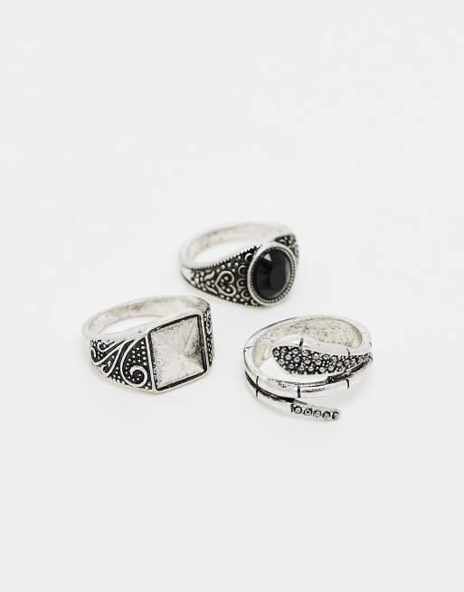 ASOS DESIGN - Set van 3 ringen met wikkelontwerp en halfedelsteen in gepolijste zilverkleur, 4 van 4