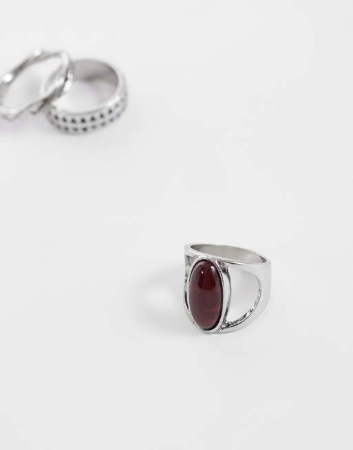 ASOS DESIGN set van 3 rode ovale steen- en gedraaide ring in zilver, 3 van 3