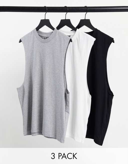 ASOS DESIGN - Set van 3 ruimvallende hemden met verlaagde armgaten in wit, zwart en gemêleerd grijs