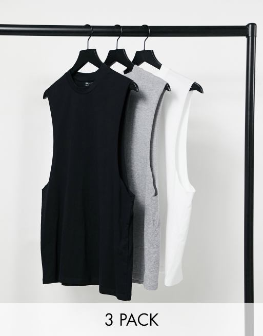 ASOS DESIGN - Set van 3 ruimvallende hemden met verlaagde armgaten in wit, zwart en gemêleerd grijs