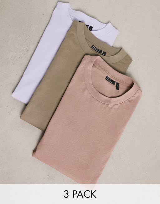 ASOS DESIGN - Set van 3 ruimvallende t-shirts met ronde hals in bruin, kaki en blauw