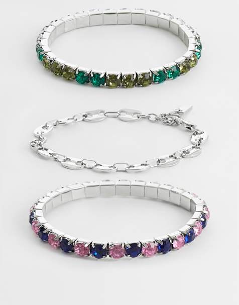 ASOS DESIGN - Set van 3 schakelarmbanden met vierkante kristallen en geometrische schakels in zilver - view 1