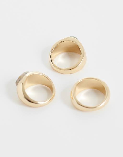 ASOS DESIGN - Set van 3 stapelringen met groene en dalmatiërsteen in goudkleur, 3 van 3