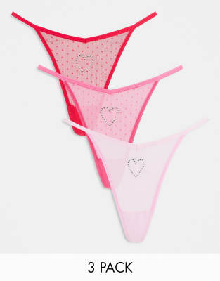 ASOS DESIGN - Set van 3 strings van mesh met V-voorkant en hartjes van siersteentjes in roze en rood